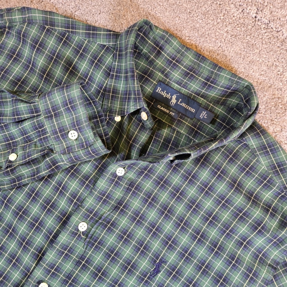 Polo Ralph Lauren Mens Large Blue Green Plaid Long Sleeve Pony Logo